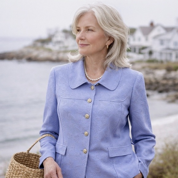 Sag Harbor Jackets & Blazers - Sag Harbor Jacket Womens 16 Blue Floral Jacquard Peter Pan Collar Button Front